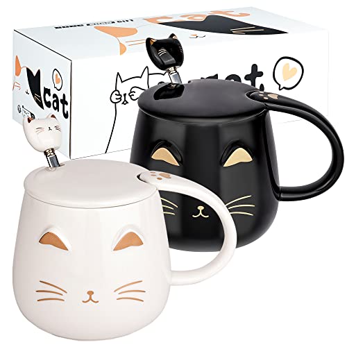Black 2 Pack Cat Mug with Lid & Kitty Spoon - 13oz Ceramic Gift for Cat Lovers