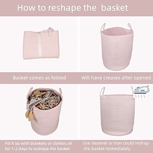 Pink Cotton Rope Laundry Basket - Tall Woven Nursery Hamper for Toys & Blankets