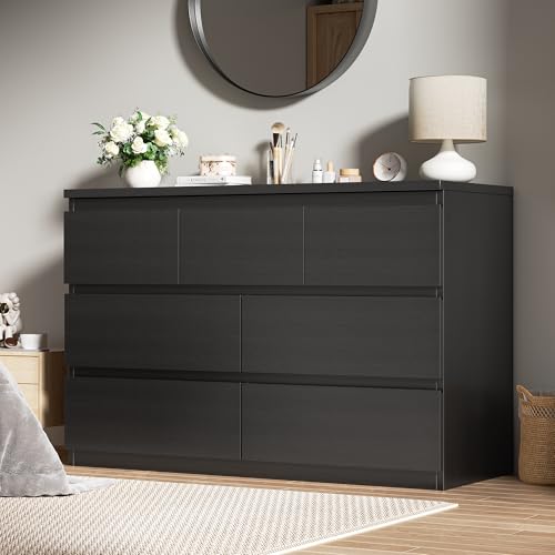 Modern 7-Drawer Wood Dresser - Black Bedroom Chest of Drawers
