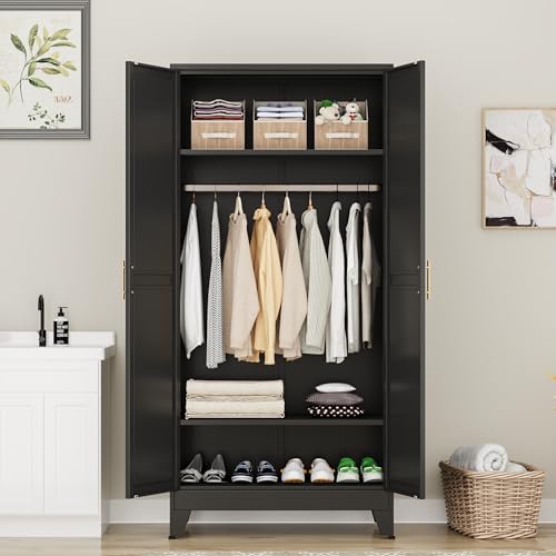 71-Inch Metal Wardrobe Closet with Hanging Rod, Shelves, and Drawers