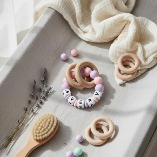 Personalized Baby Teether Rattle with Custom Name & Beech Wood Rings