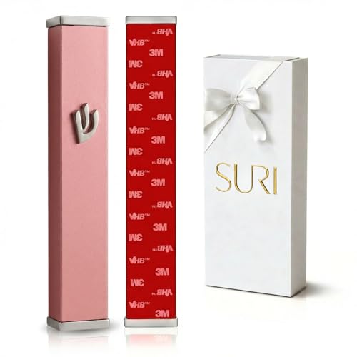 3.8 Inch Pink Aluminum Mezuzah Case with Scroll, Self-Stick Door Holder