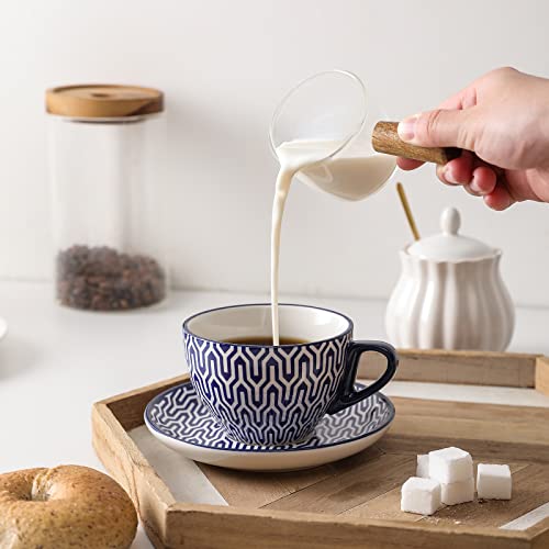 Vintage Blue 8oz Ceramic Cappuccino Cup Set with Saucers - Pack of 6