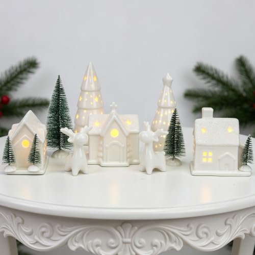 12-Piece White Ceramic Christmas Village Set with Light-Up Houses and Trees