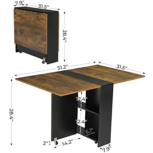 Folding Dining Table with Storage Shelves and 6 Wheels, Rustic Brown