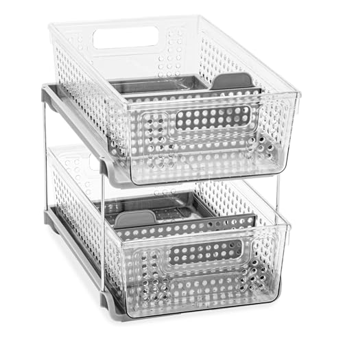 madesmart 2-Tier Organizer, Multi-Purpose Slide-Out Storage with Handles and Dividers for Home and Bath, BPA Free, Clear/Gray