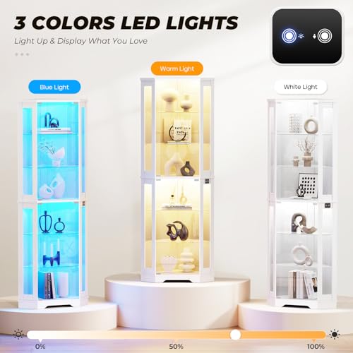 71" Tall Corner Display Cabinet with LED Lights and 6 Glass Shelves