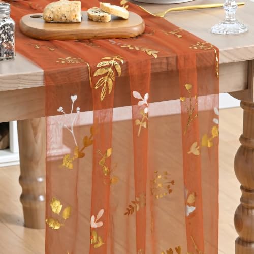 Artoid Mode 28x120 Inch Caramel Floral Leaves Glitter Table Runner for Weddings & Events