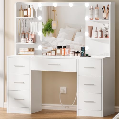 Large Makeup Vanity Desk with LED Lighted Mirror, Charging Station & 7 Drawers