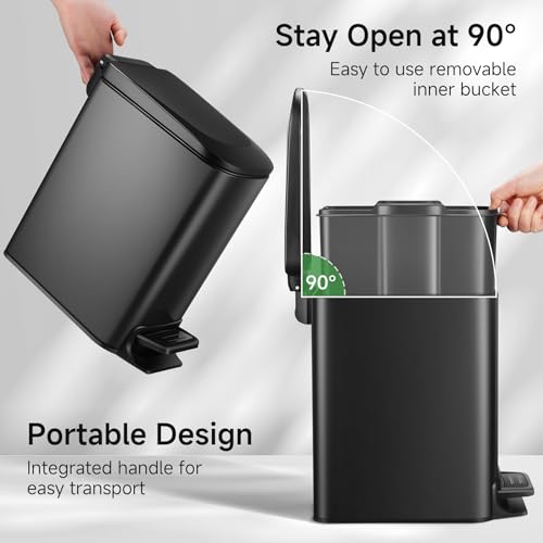 Small Bathroom Trash Can with Lid 1.6 Gal Slim Matte Black Steel