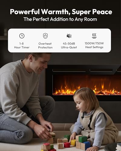 60 Inch Electric Fireplace Recessed Wall Mounted Heater with Remote
