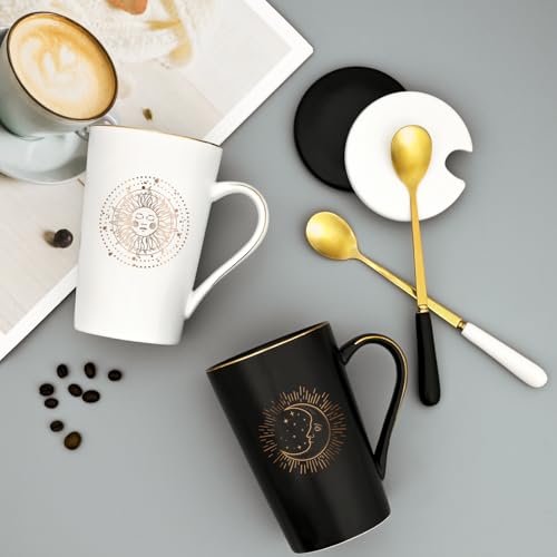 Maustic Sun & Moon Mugs 14oz - Black/White Aesthetic Boho Coffee Cups Gift Set
