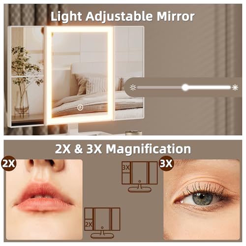 Small Makeup Vanity Desk with Lighted Tri-Fold Mirror and 3 Drawers