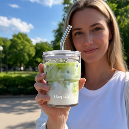 13oz Glass Iced Coffee Tumbler with Lid and Straw, Leak-Proof Travel Cup
