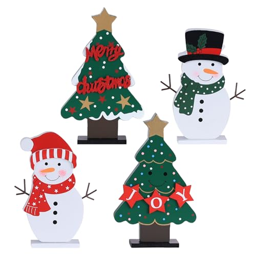 DECSPAS Wooden Christmas Trees & Snowmen Set - Indoor Holiday Decor, 4 pcs, Christmas Table Centerpiece