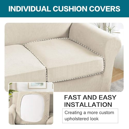 4-Piece Stretch Jacquard Sofa Cover for 3 Cushion Couch - Biscotti Beige