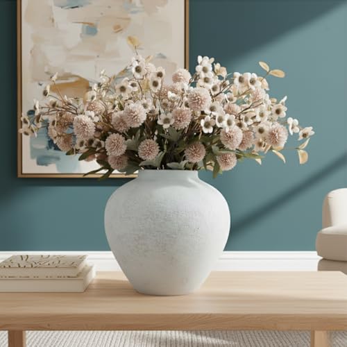 Rustic White Round Ceramic Vase - 11 Inch Textured Table Centerpiece Decor