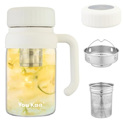 Wangsdjy 32oz Glass Water Bottle with Infuser & Handle - White, Leakproof, Hot & Cold Drinks