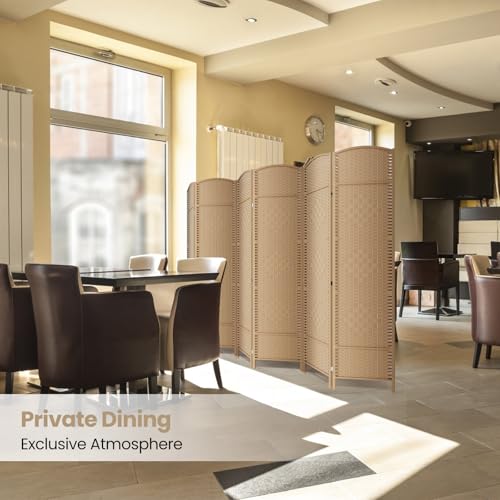 6-Panel Woven Room Divider, 6ft Tall Folding Privacy Screen, Light Beige