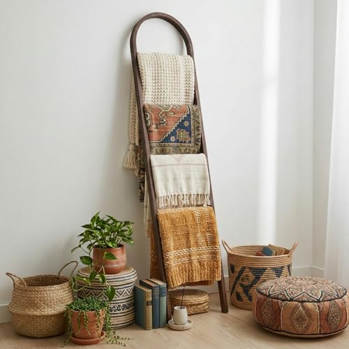 5.5ft Arched Wooden Blanket Ladder, 5-Tier Leaning Storage Shelf