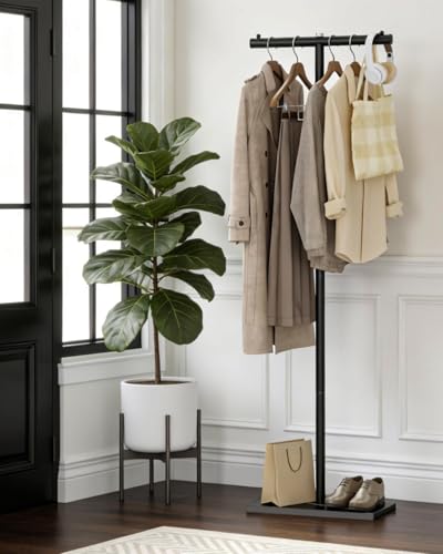T-Shaped Freestanding Metal Garment Rack with Natural Stone Base