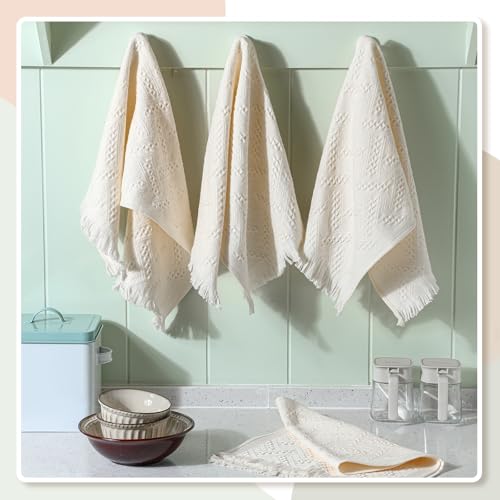 4 Pack Boho Waffle Hand Towels - 14x30 Inch Cream Turkish Cotton Set