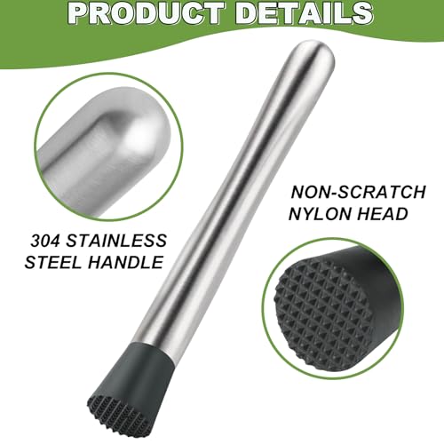 SZDGGZ 2 Pcs 10'' Stainless Steel Cocktail Muddler & Spoon Set for Bartenders & Home Bar