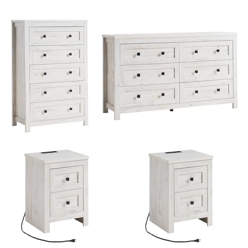 4-Piece Farmhouse Bedroom Furniture Set with Dressers and Charging Nightstands