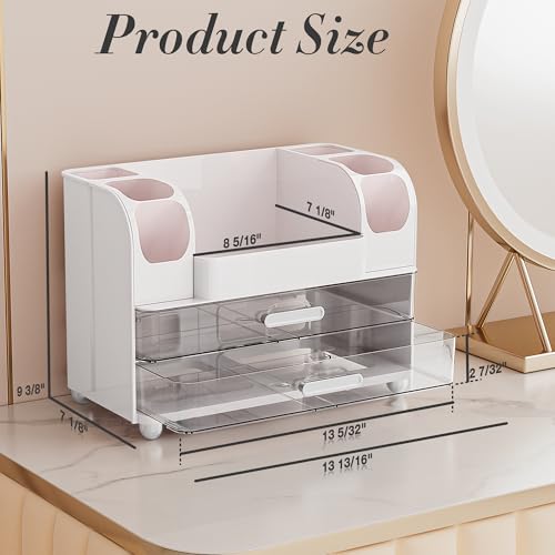 Delamu White Large Makeup Organizer Countertop with 6 Brush Holders