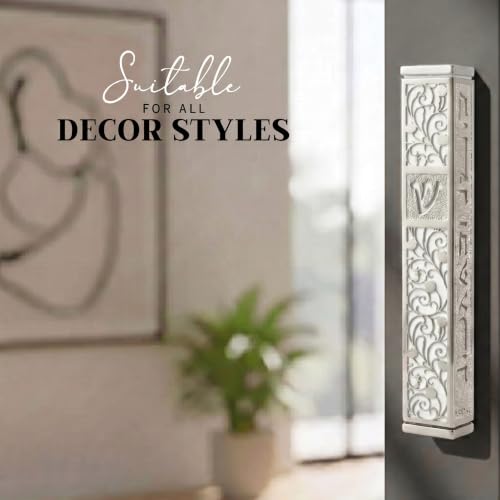 6-Inch Silver and White Mezuzah Case with Scroll and Adhesive Mount
