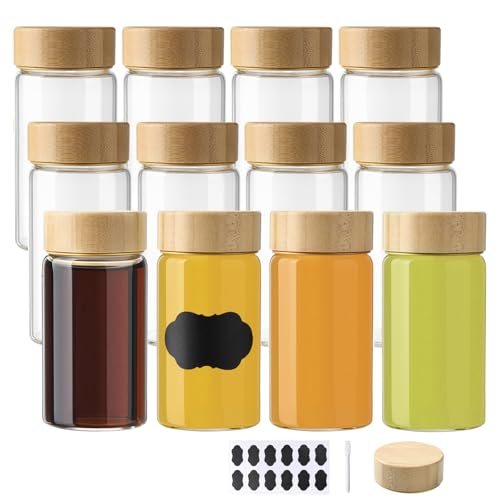 BPFY 4oz Glass Shot Bottles with Bamboo Lids, Reusable Juice & Wellness Jar Set