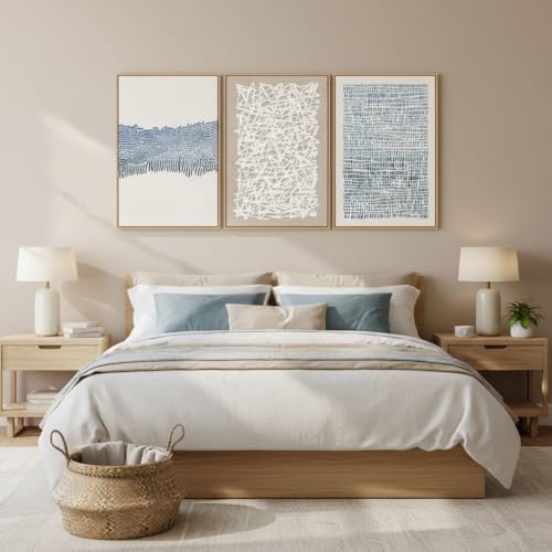 3-Panel Abstract Boho Wall Art Set - Blue & Neutral Modern Canvas Prints