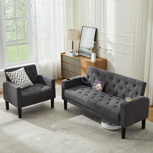 62-Inch 2-Piece Compact Sofa and Loveseat Set with USB Charging Ports