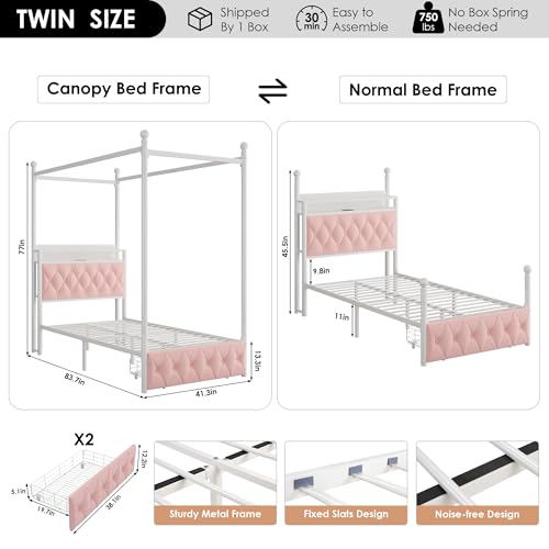 Twin Canopy Bed Frame with LED Lights, Storage Headboard & Charging Station