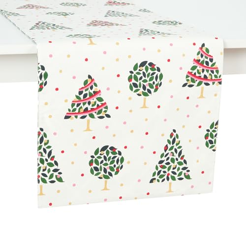 kate spade new york Holiday Confetti & Acrobat Plaid Reversible Holiday Table Runner, 100% Cotton with Metallic Print, Machine Washable, Cream/Green, 15"x72"