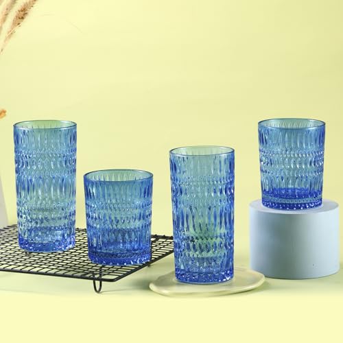 Loivttvv Blue Vintage Glassware Set of 8 Highball & Ribbed Cups, 14oz & 10oz