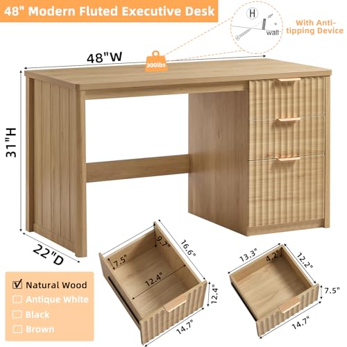 48-Inch Wooden Computer Desk with 3 Storage Drawers and Fluted Details