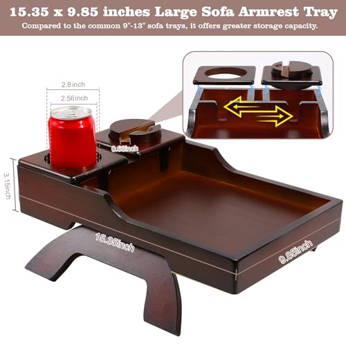 Bamboo Couch Armrest Tray Table with 360° Rotating Phone Holder