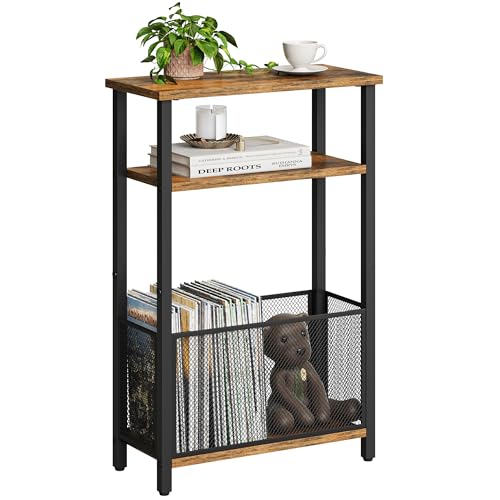 3-Tier Slim Side Table with Storage Basket, Rustic Brown Narrow End Table