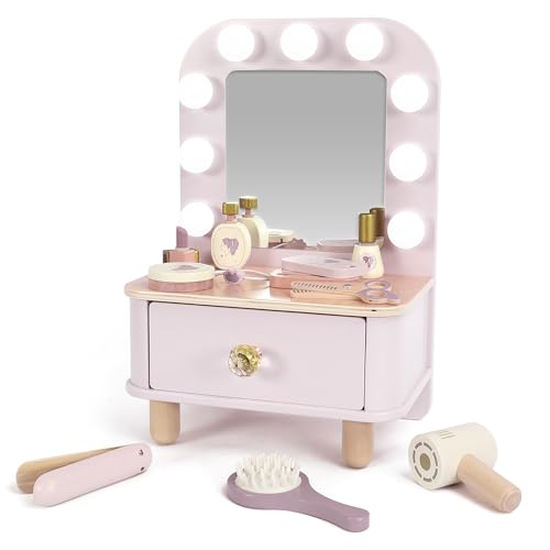 Wooden Toddler Makeup Vanity Set with Lighted Mirror and 10 Accessories
