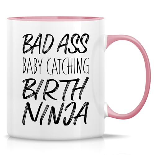 Retreez Funny Bad Ass Baby Ninja Birth Mug - 11 oz White with Pink Handle & Inside