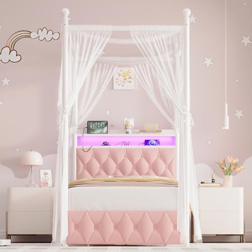 Twin Canopy Bed Frame with LED Lights, Storage Headboard & Charging Station