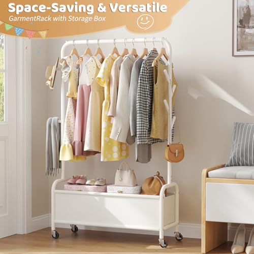 Kids Clothing Rack with Storage Bin and Hooks - Portable Garment Organizer