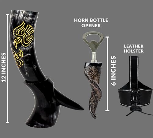 Handcrafted Viking Drinking Horn with Leather Holster and Stand - 12-14oz