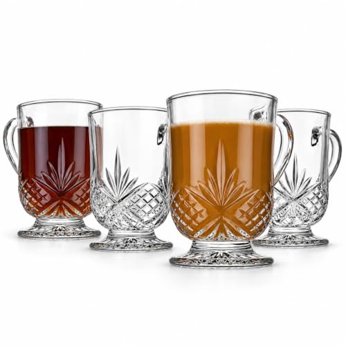 Godinger 10oz Crystal Coffee Mug Set of 4 - Clear Glass Tea Cups Dublin
