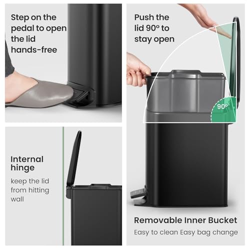 Cesun Small Bathroom Trash Can with Lid 1.6 Gal Matte Black Slim Step Bin