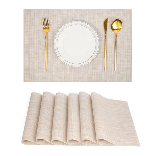 Beige White Set of 6 Non-Slip PVC Weave Placemats for Dining Table - Heat Resistant & Easy to Clean