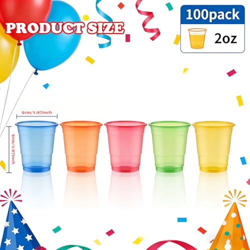 Neon 2 oz Plastic Shot Glasses 100 Pack - Colorful Disposable Party Cups