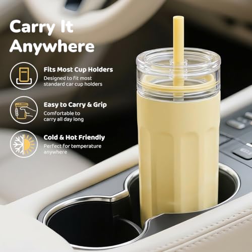 Yellow 18 oz Vacuum Insulated Glass Tumbler with Straw & Spout Lids - Keeps Drinks Cold 12H