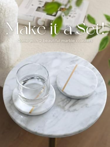 Adjustable 10-Inch White Marble Drink Table with Antique Brass Pedestal